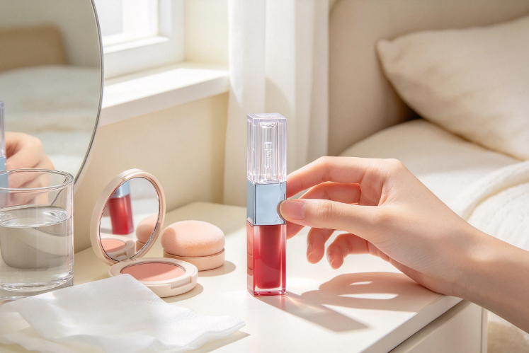 Lip color tint on vanity table with hand and mirror, sheer lip tint for lightweight daily makeup.